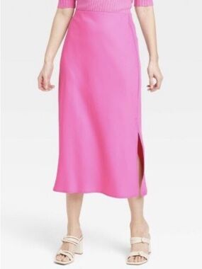 🎀 A New Day Pink Satin Midi Skirt with Side Slit | Plus Size 2X | Excellent